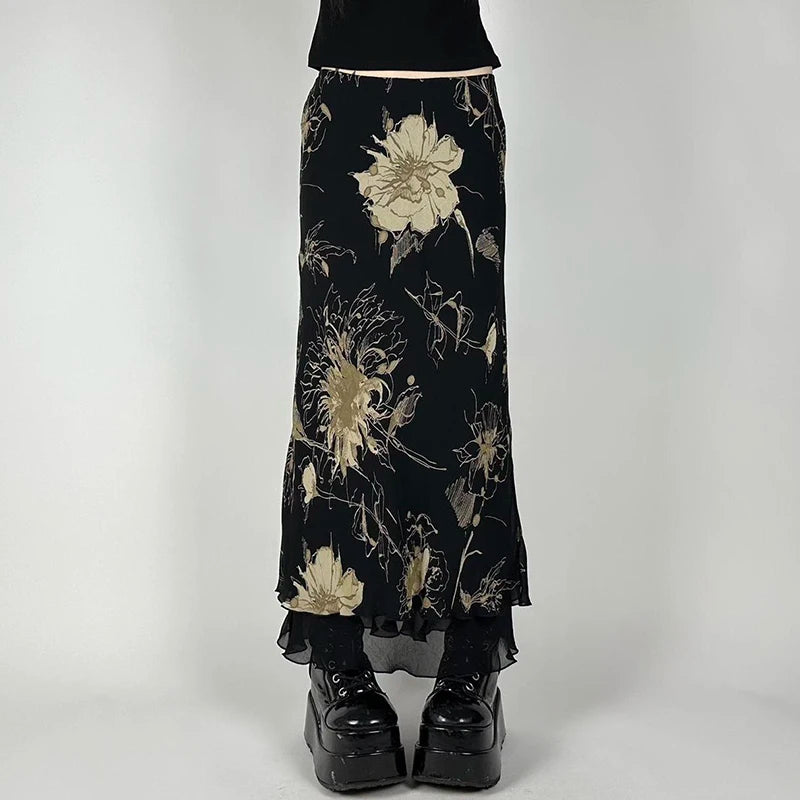 fashion Retro Floral Print Long Skirts Aesthetic 90s Fairycore Grunge Bottoms for Women Chic Y2K Fashion Two-layers Skirts
