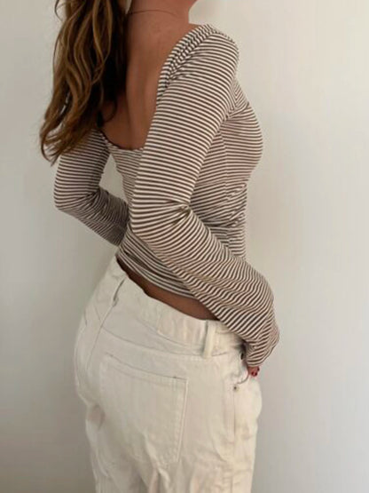 fashionStriped Print Crewneck Tops Backless Long Sleeves Vintage Harajuku Slim Shirts Streetwear Fashion Cute Korean Tees