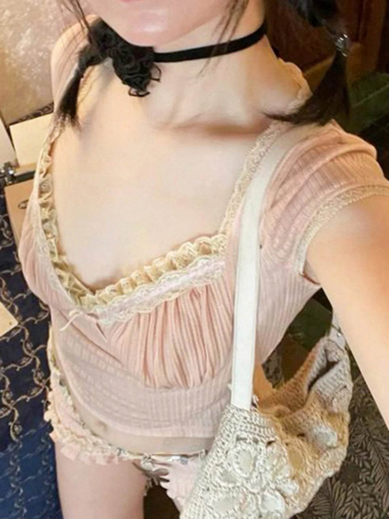 fashion Vintage Lace Patchwork Slim Sexy T-shirt Bow Square Collar Sweet Chic Streetwear Clothes Hottie Y2k Crop Tops