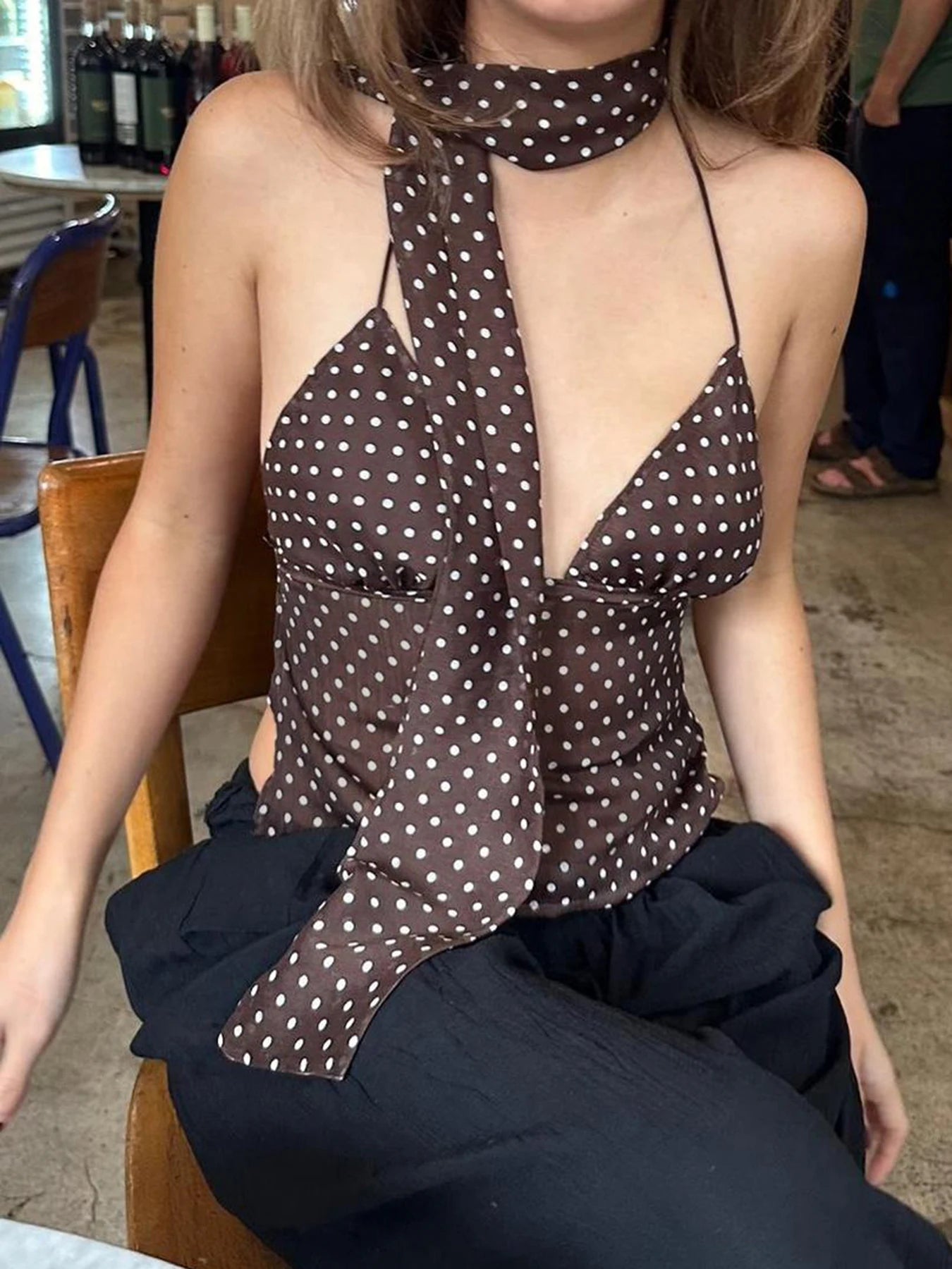 fashion Backless Dot Print Camisole Y2K Vintage Sexy Clubwear Korean Party Outfits 90s Aesthetic Halter Neck Clothes