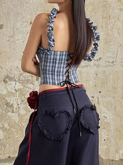 fashionPlaid Print Corset Sexy Bustiers Fashion Halter Neck Basic Backless Bandage Streetwear Tops Slim Chic Outfits