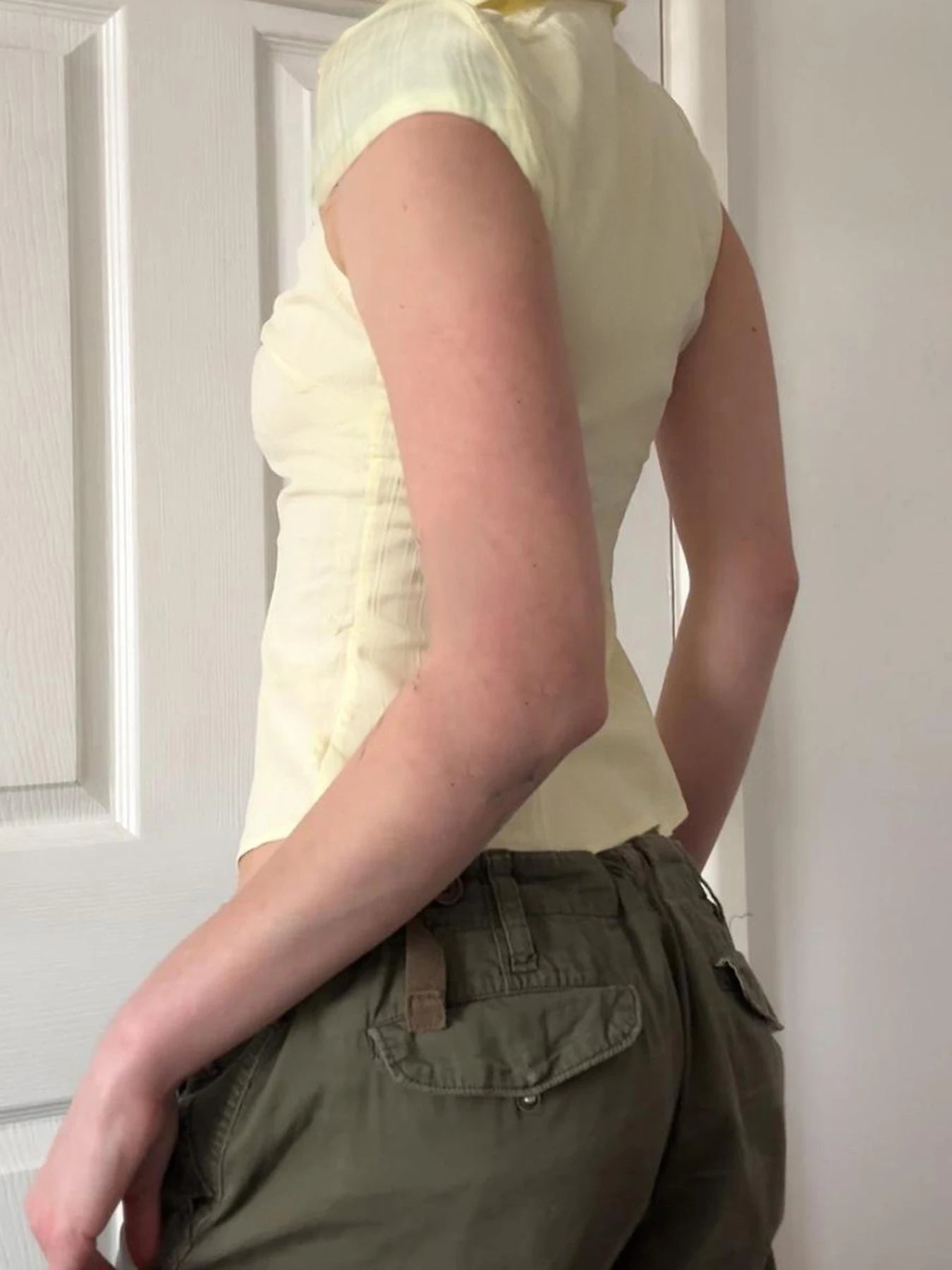 fashionHook V-neck Solid Fold Blouses Casual Streetwear Vintage 90s Short Sleeved Summer Tees Vintage Slim Sexy Tops