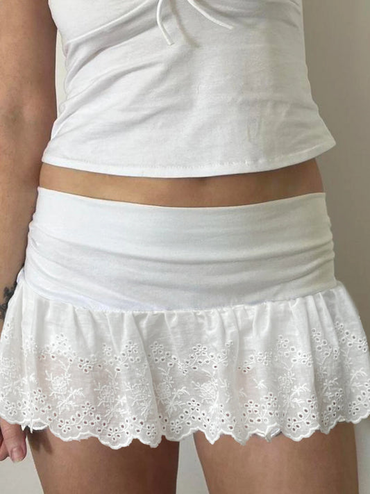 fashionSolid Hollow Out Embroidery Short Skirt Slim All-match Casual Streetwear Sweet Outfits Patchwork Vintage Bottoms