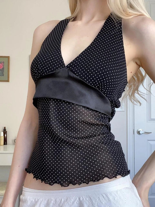 fashionPolka Dot Sexy Backless Camisole Stain Patchwork Halter Basic Vintage Streetwear Slim Top Hottie Summer Bustiers