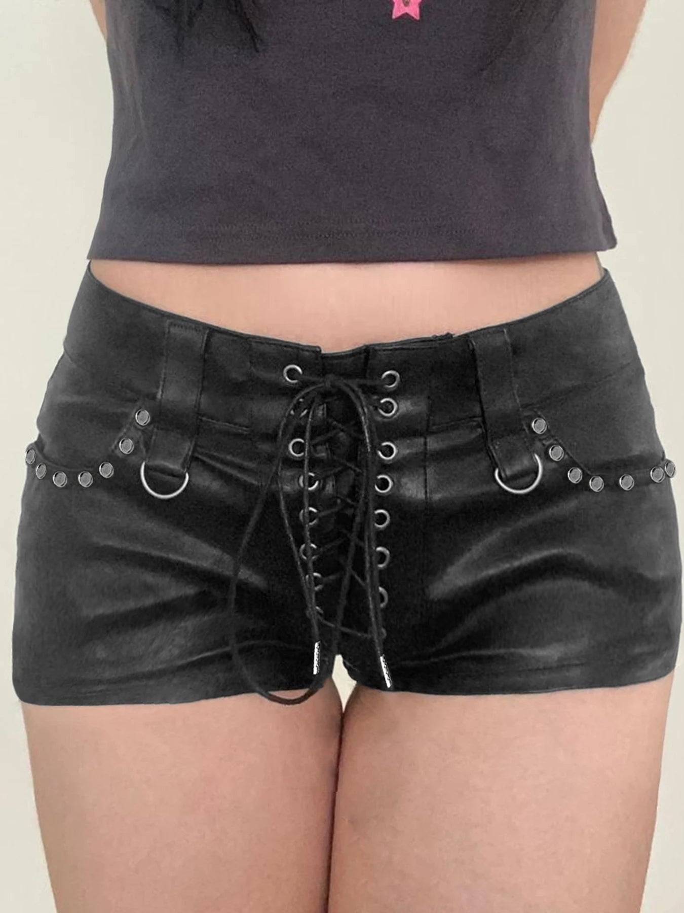 fashion Bandage Metal Pockets Dark Shorts Leather Sexy Hottie Bodycon Fashion Solid Clothes Casual Streetwear Bottoms
