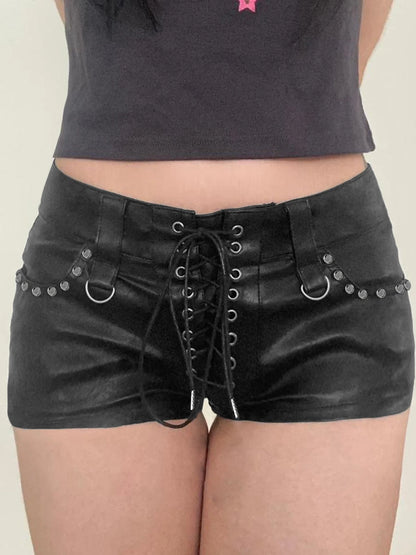 fashion Bandage Metal Pockets Dark Shorts Leather Sexy Hottie Bodycon Fashion Solid Clothes Casual Streetwear Bottoms
