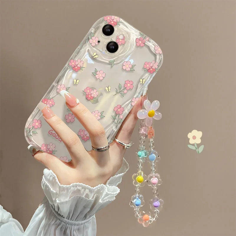 3D Flower Chain Lanyard Phone Case For Redmi Note 13 Pro Plus 5G 13C 4G Soft Wavy Edge Oil Painting Flowers Protective Cover