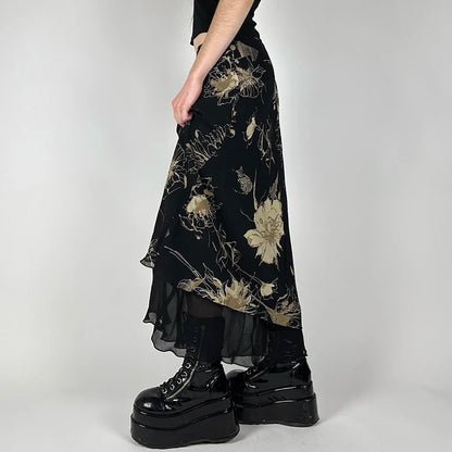 fashion Retro Floral Print Long Skirts Aesthetic 90s Fairycore Grunge Bottoms for Women Chic Y2K Fashion Two-layers Skirts