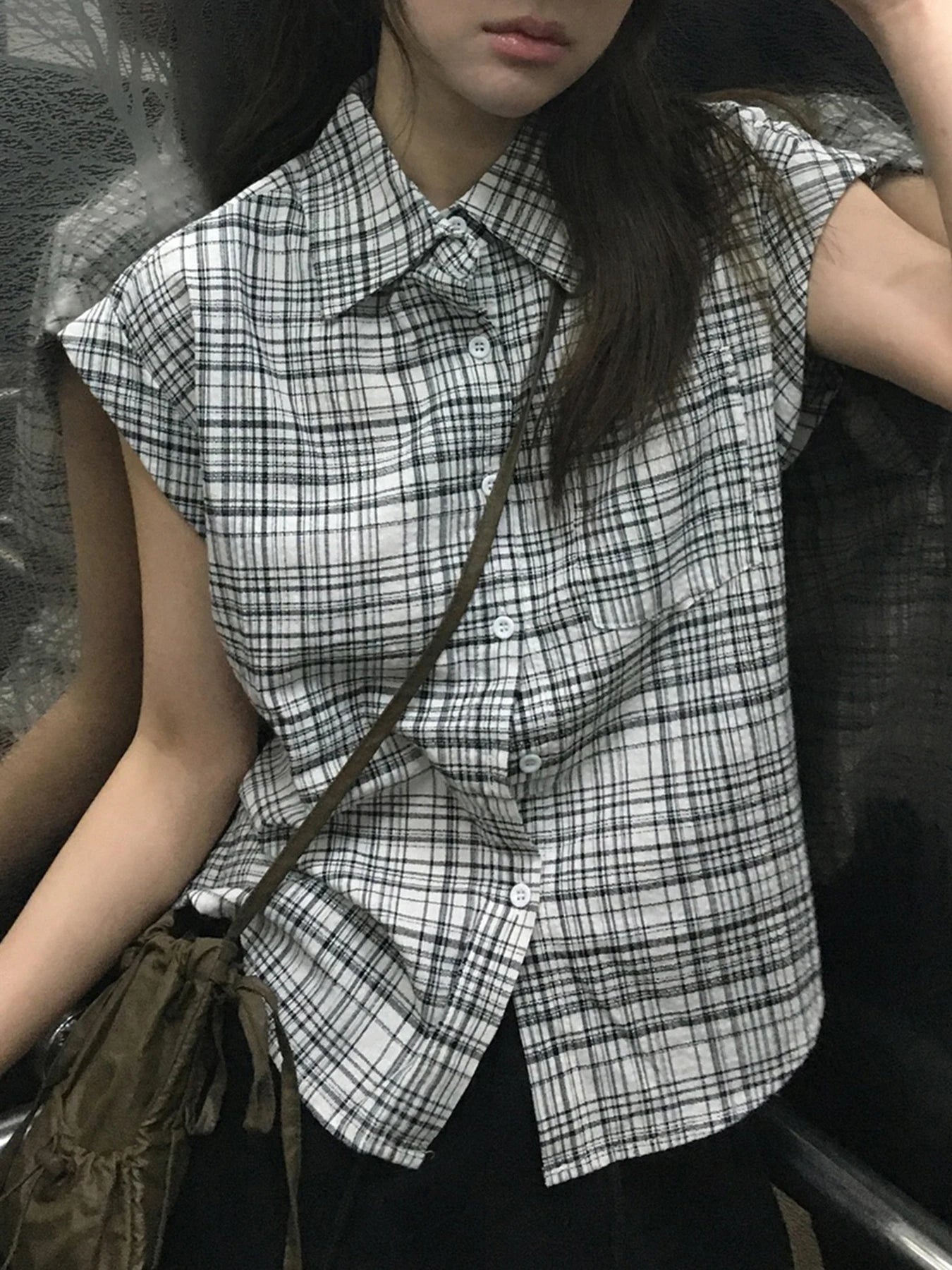 fashion Basic Plaid Print All-match Blouses Casual Retro Vintage Streetwear 90s Tops Baggy Button Fashion Lapel Clothings