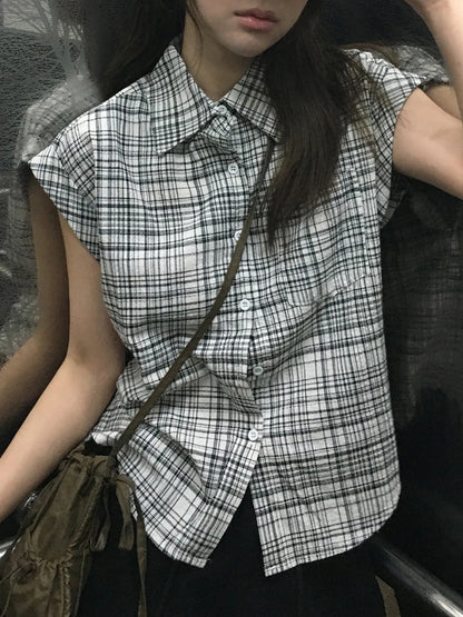fashion Basic Plaid Print All-match Blouses Casual Retro Vintage Streetwear 90s Tops Baggy Button Fashion Lapel Clothings