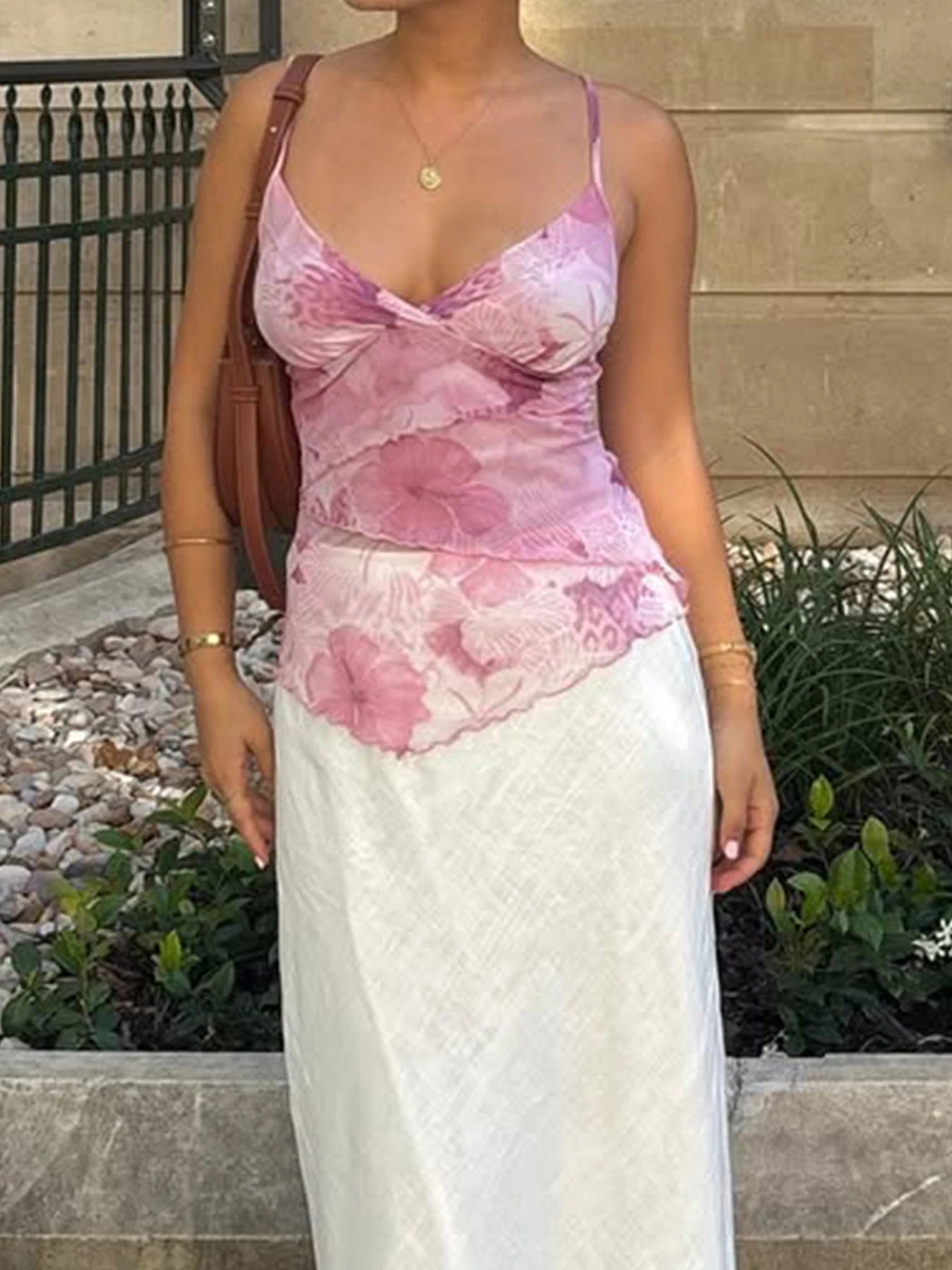 fashion Floral Print   Deep V-neck Camisole Backless Basic Streetwear 90s Slim Crop Tank Top Fashion Casual  Retro Vest