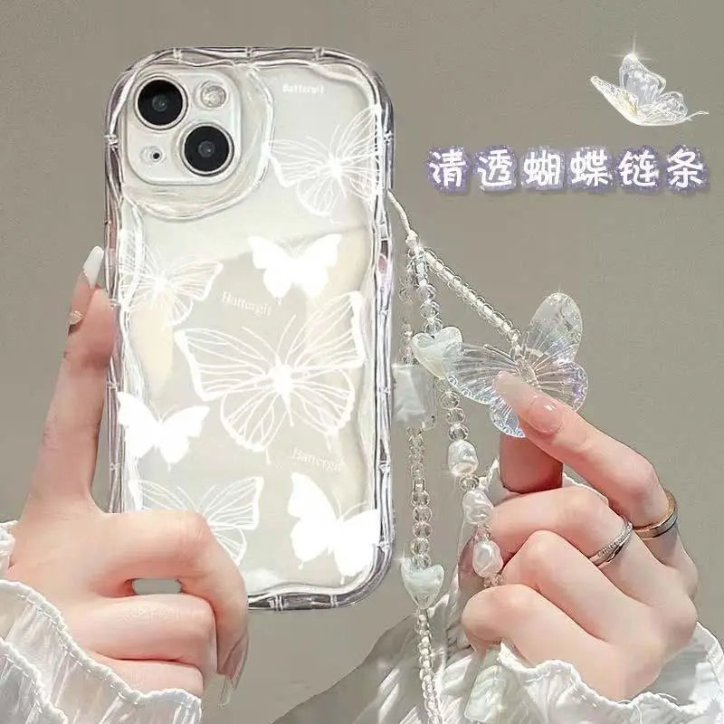 Korean Butterfly Lanyard Case For Huawei Honor 90 Lite 20 50 SE Nova 5T 11 7 9 10 P30 P40 Mate 30 40 Pro Hang Chain Clear Cover