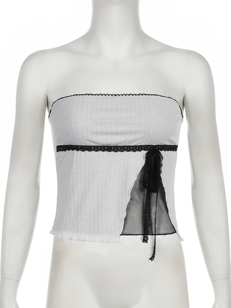 fashion Lace Patchwork Mesh Bow Lace-up Camisole Sleeveless Summer Sexy Slim Chic Cropped Tops Vintage Elastic Clothings