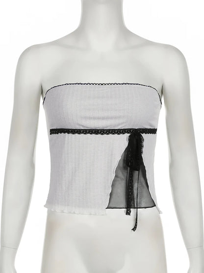 fashion Lace Patchwork Mesh Bow Lace-up Camisole Sleeveless Summer Sexy Slim Chic Cropped Tops Vintage Elastic Clothings
