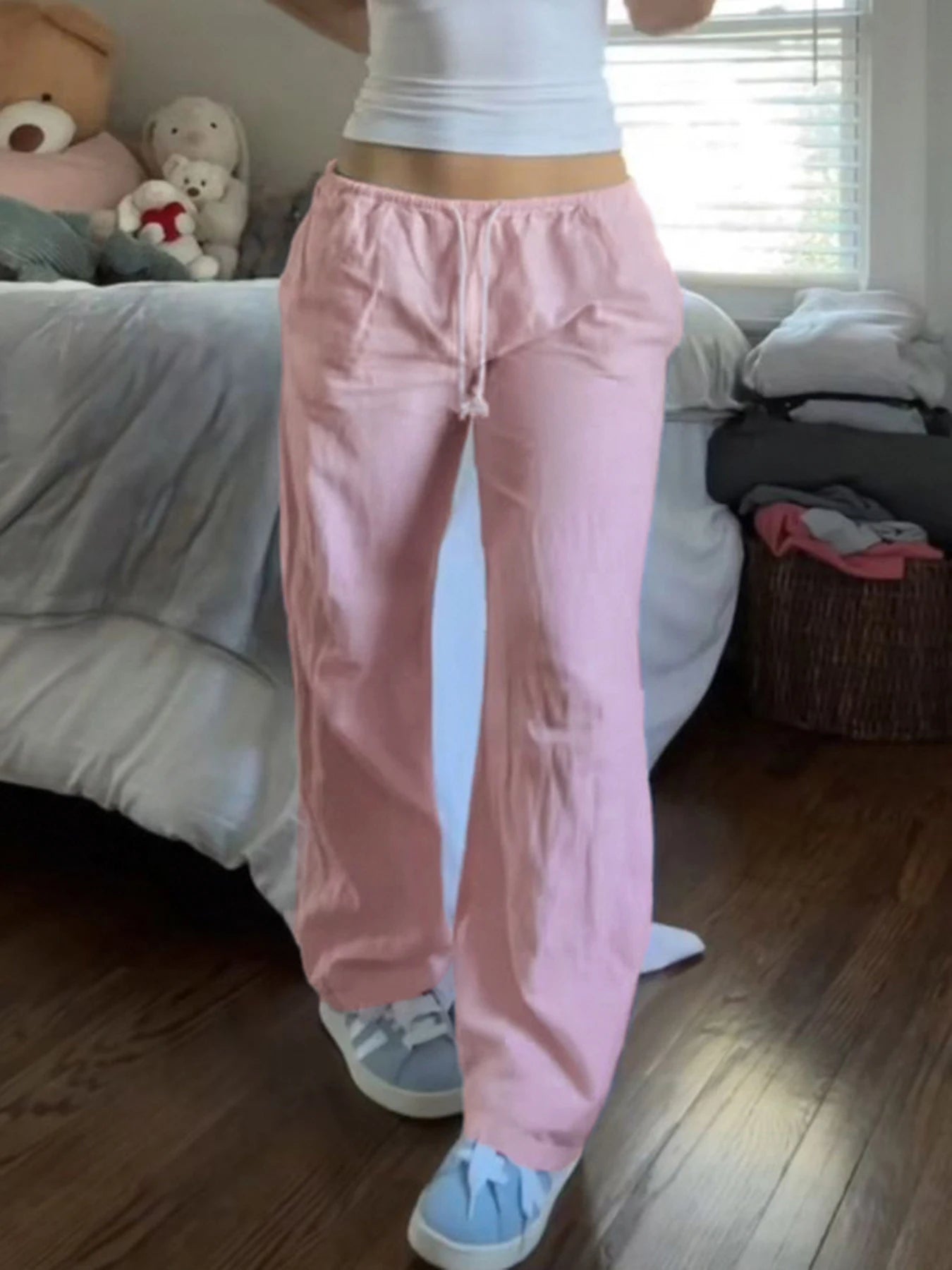 fashionCasual Solid All-match Drawstring Pants Chic Streetwear Korea Slim Straight Sweet Trousers Pink Basic Y2k Bottoms