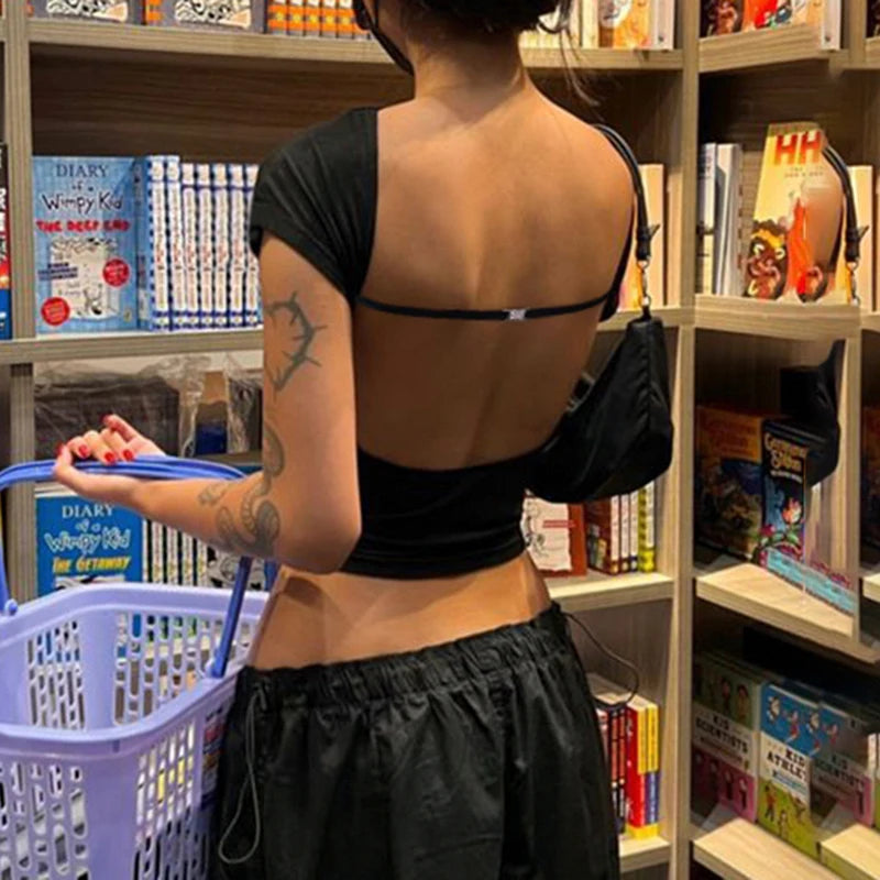 fashion Backless Short Sleeves Crop Tops Crewneck Solid Black 90s Slim Outfits Streetwear Sexy Slim Casual Women's Cloth