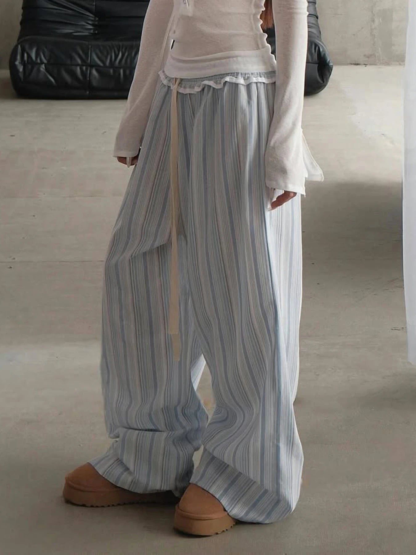 fashion Stringy Selvedge Stripe Casual Pants Drawstring Basic All-match Vintage Blue Chic Trousers Vacation Loose Bottoms
