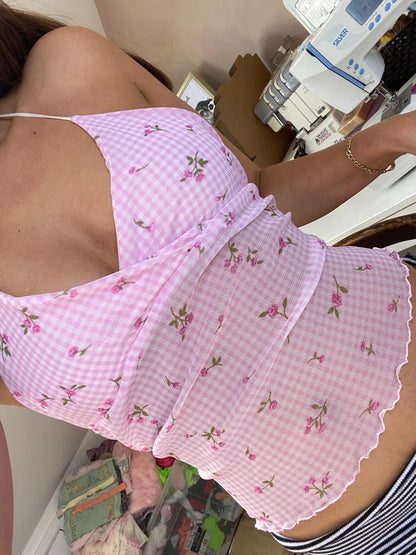 fashionSexy Plaid Floral Print Halter Neck Backless Sleeveless Bow Hottie Slim Sweet Camisole Streetwear Y2k Crop Top