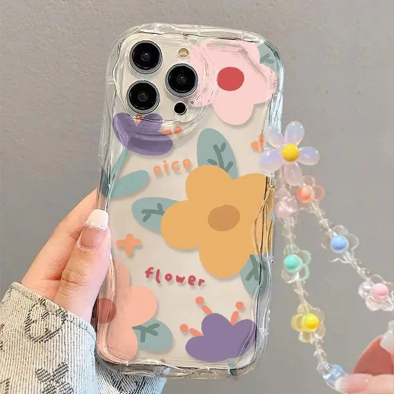 3D Flower Chain Lanyard Phone Case For Redmi Note 13 Pro Plus 5G 13C 4G Soft Wavy Edge Oil Painting Flowers Protective Cover