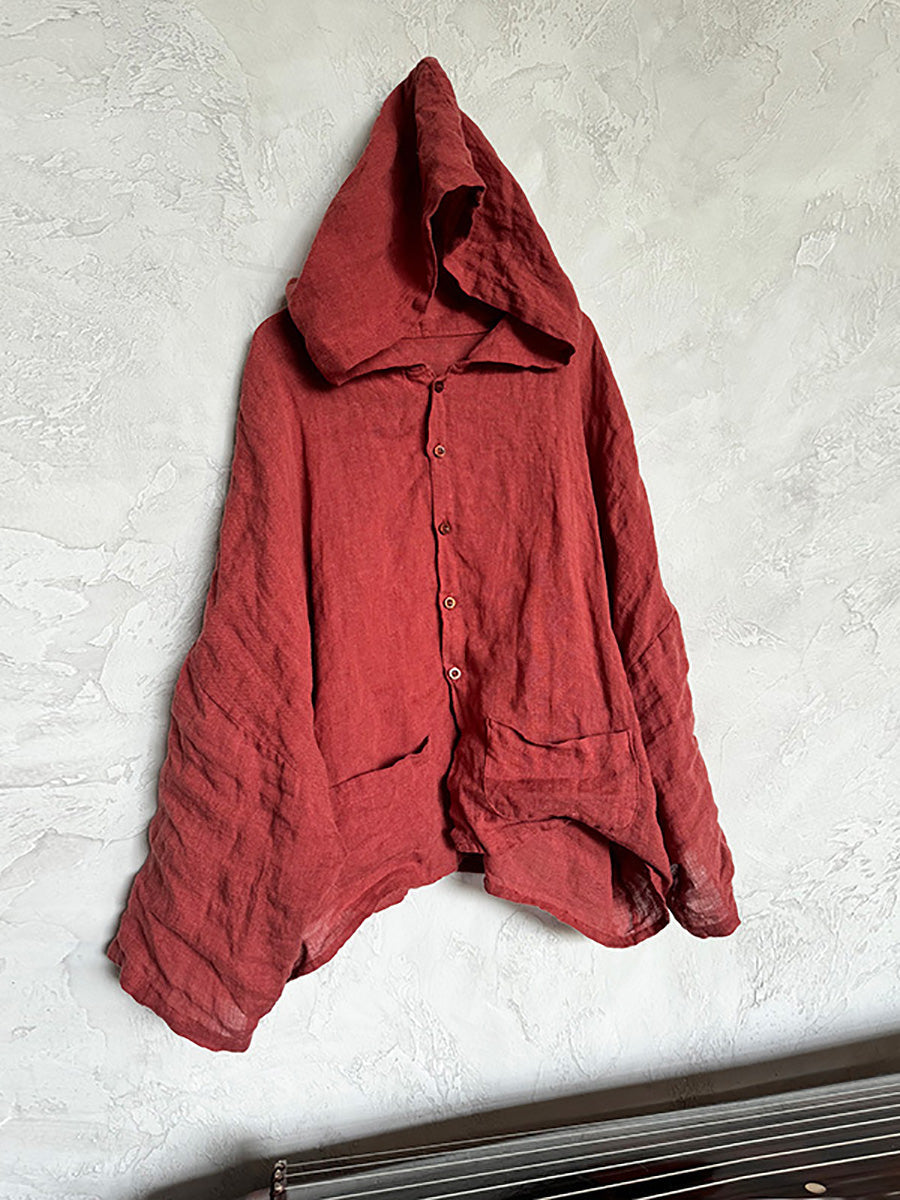 Plus Size Women Summer Vintage Linen Solid Button-up Hooded Shirt