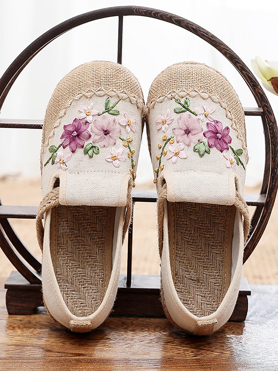 Women Summer Ethnic Ribbon Flower Cloth Flat Shoes