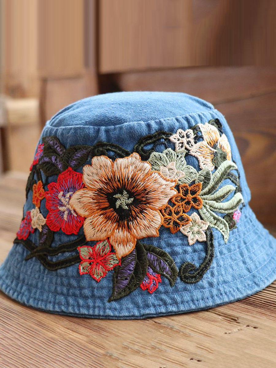 Women Retro Flower Embroidery Denim Bucket Hat