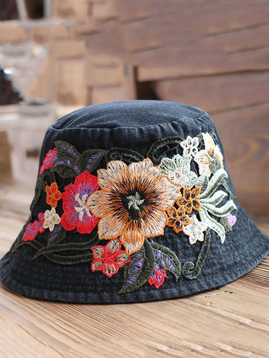 Women Retro Flower Embroidery Denim Bucket Hat