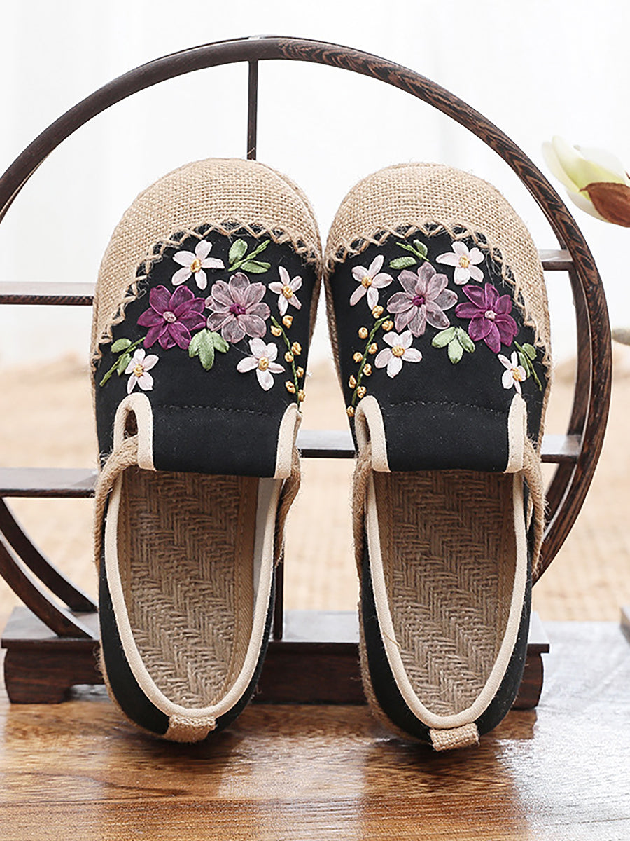 Women Summer Ethnic Ribbon Flower Cloth Flat Shoes