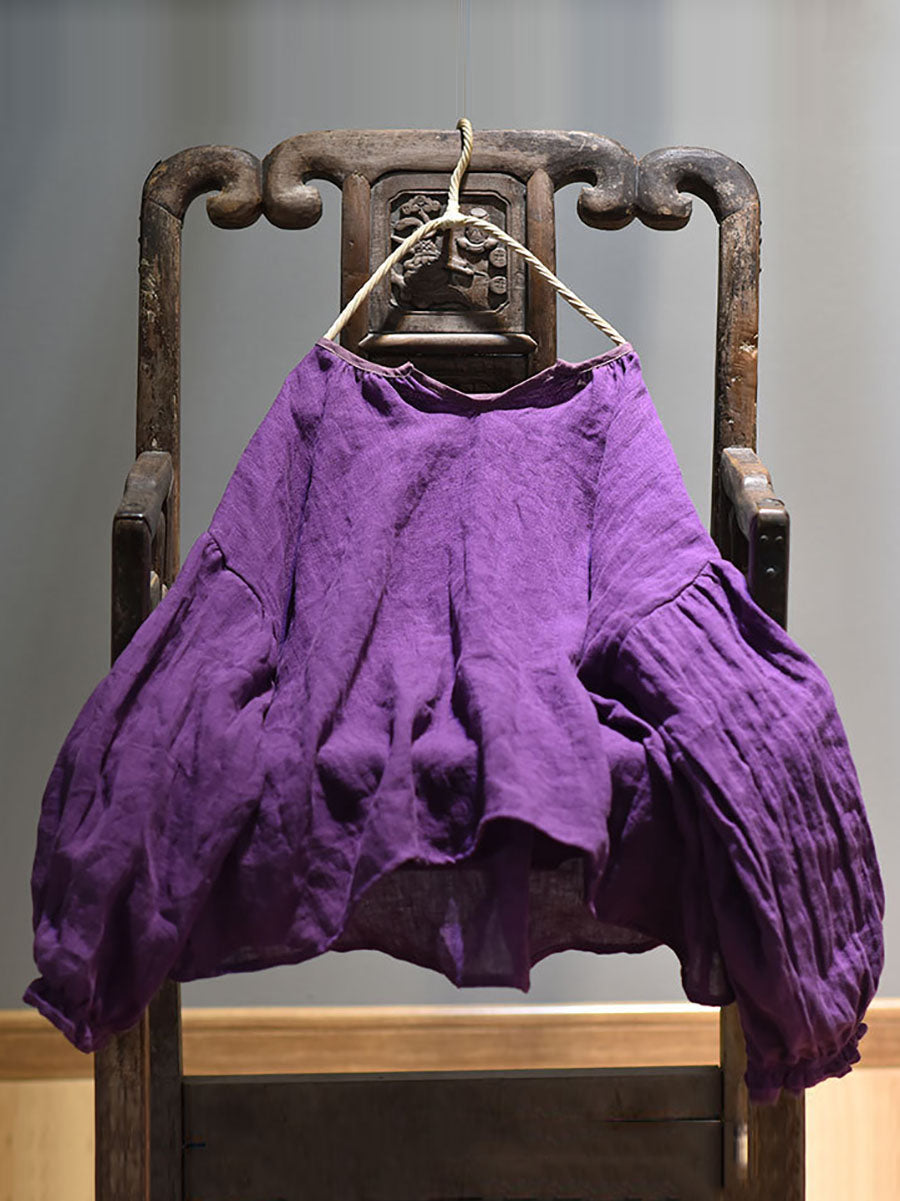 Plus Size Women Spring Retro V-Neck Puff Sleeve Shirt