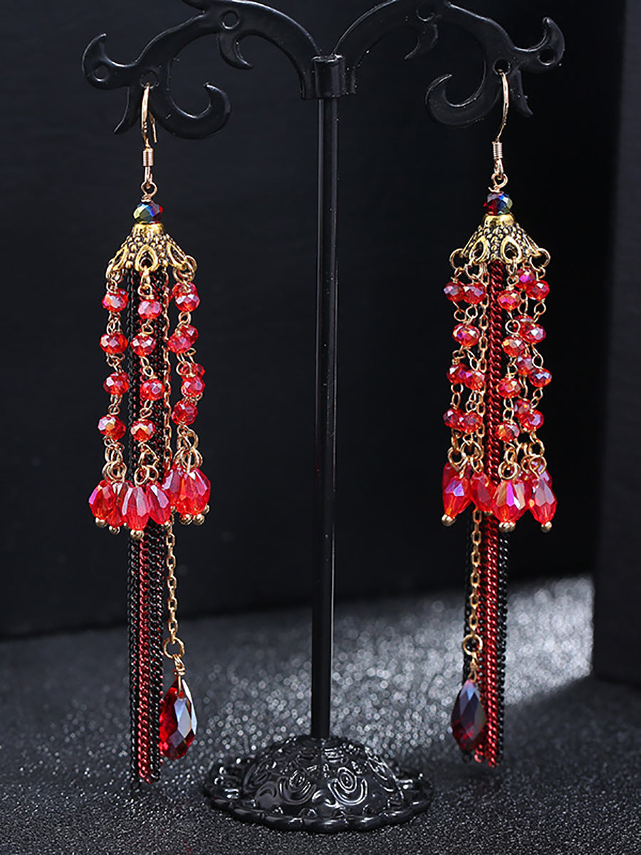 Women Vintage Bead Knitted Tassel Silver Earrings