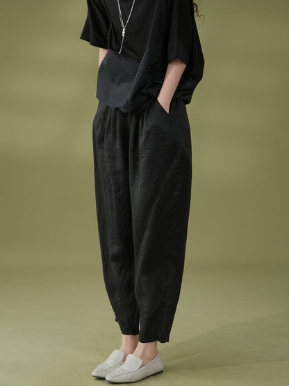 Plus Size Women Summer Casual Solid Ramie Harem Pants