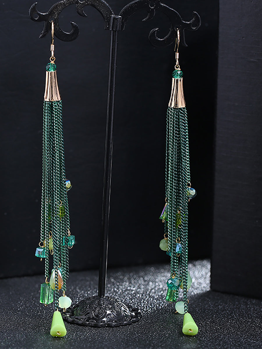 Women Vintage Bead Knitted Tassel Silver Earrings