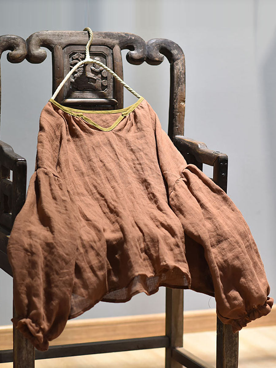 Plus Size Women Spring Retro V-Neck Puff Sleeve Shirt