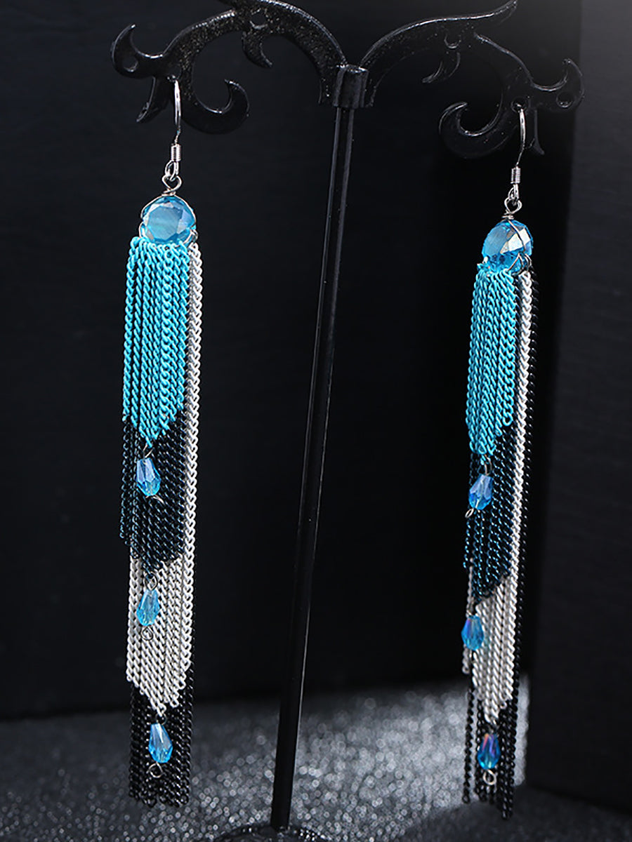 Women Vintage Bead Knitted Tassel Silver Earrings