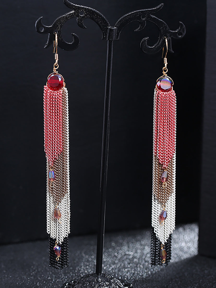Women Vintage Bead Knitted Tassel Silver Earrings