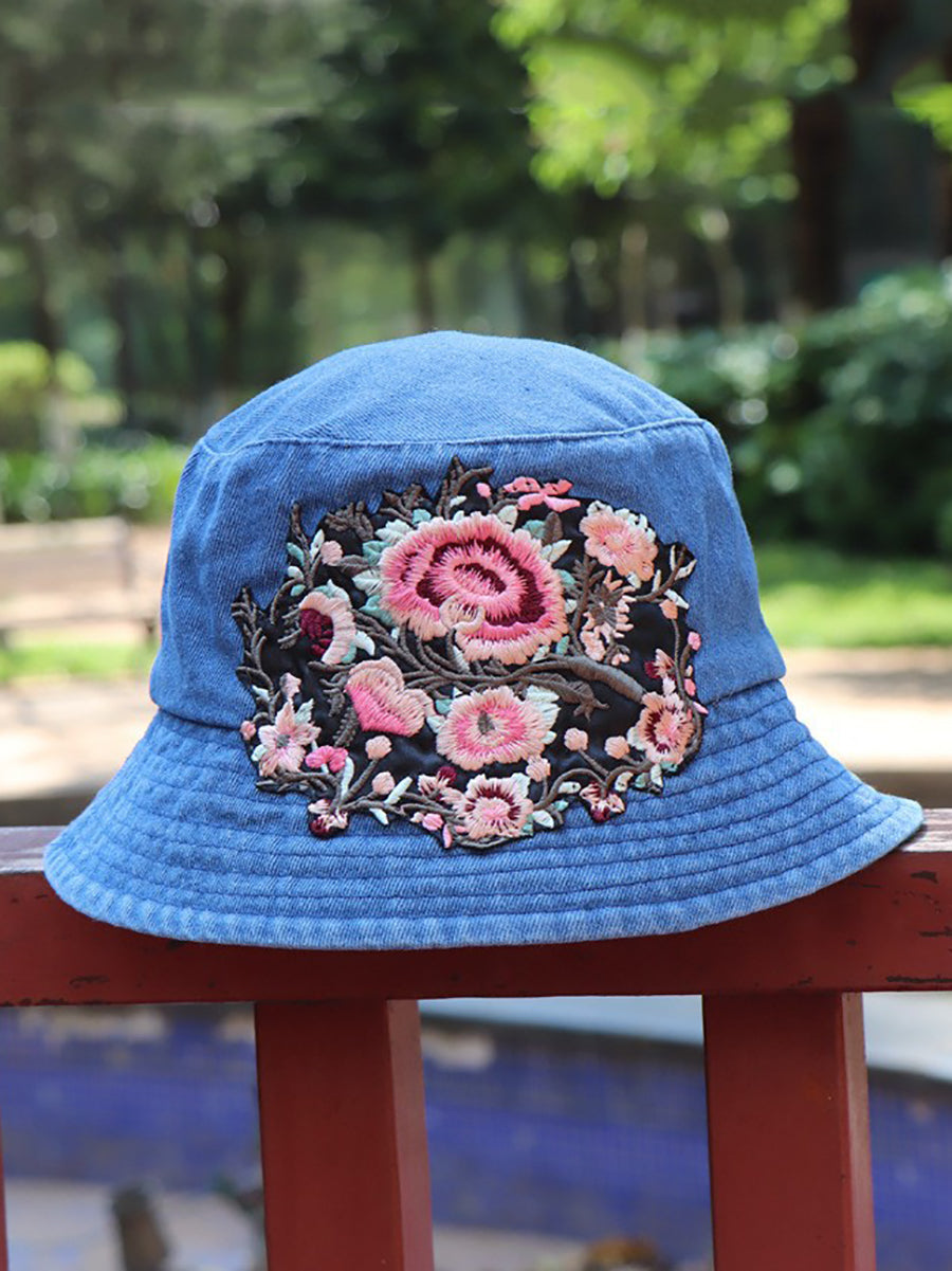 Women Retro Flower Embroidery Denim Bucket Hat