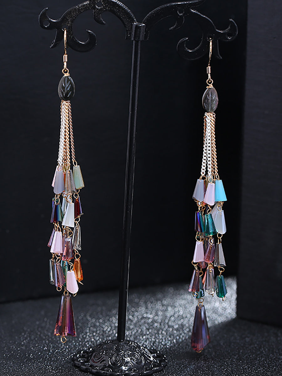 Women Vintage Bead Knitted Tassel Silver Earrings