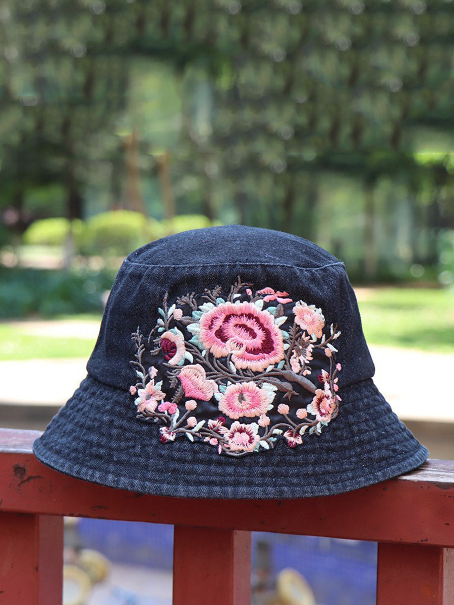 Women Retro Flower Embroidery Denim Bucket Hat