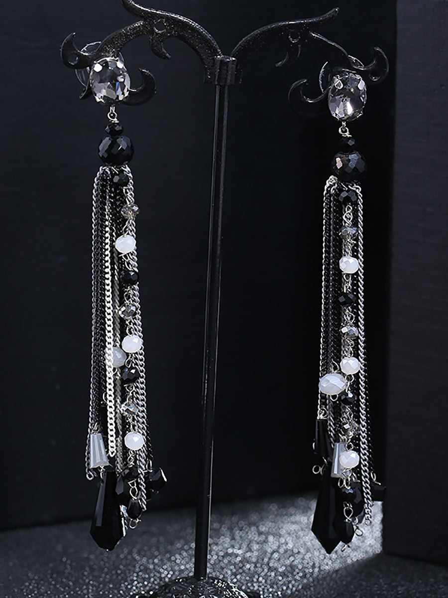 Women Vintage Bead Knitted Tassel Silver Earrings