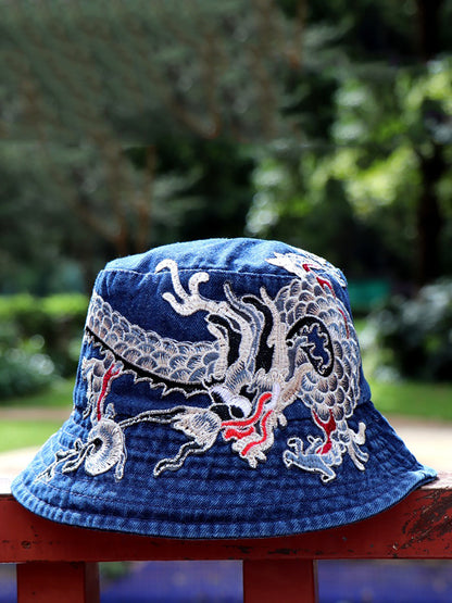 Women Retro Flower Embroidery Denim Bucket Hat