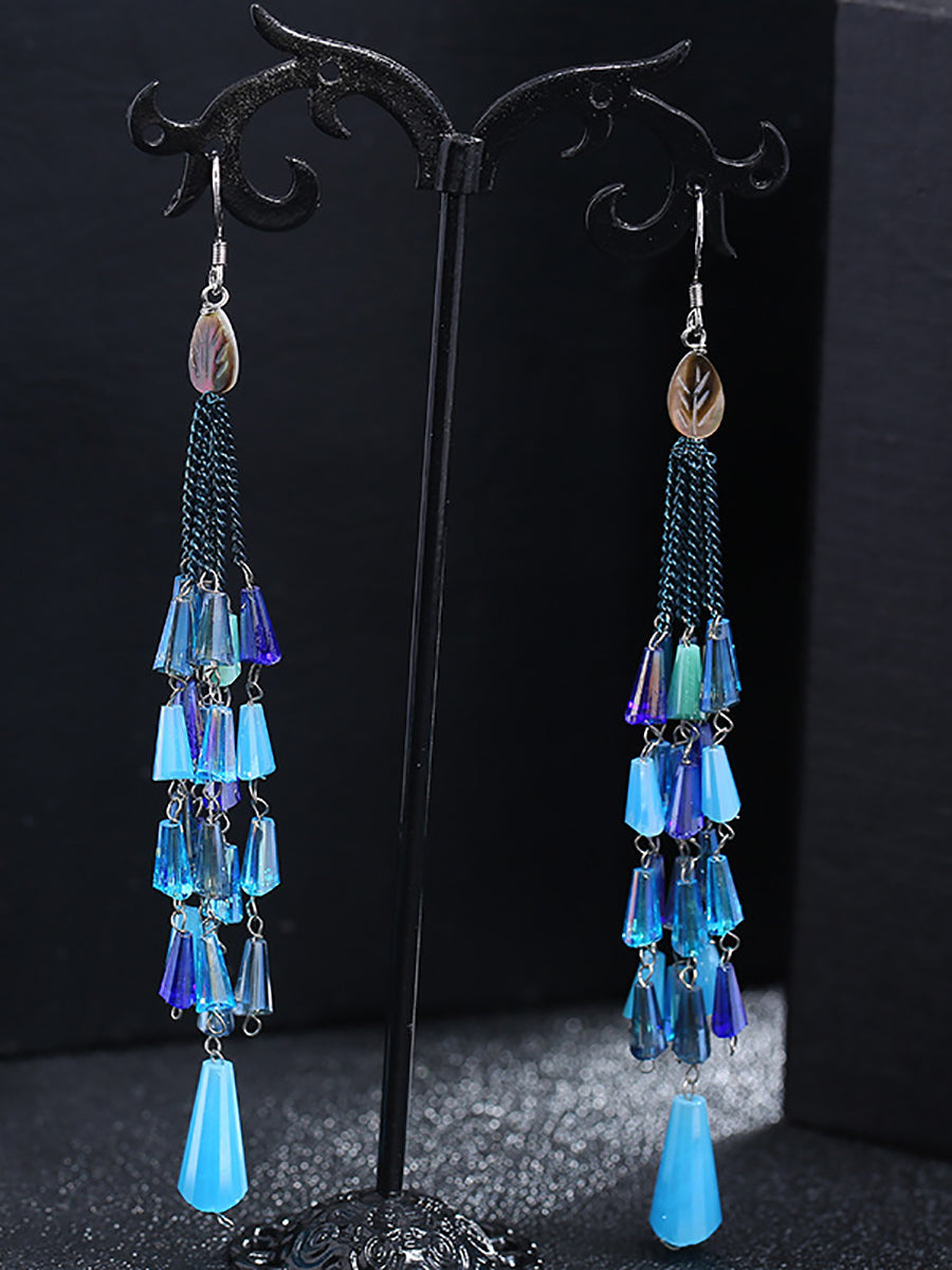 Women Vintage Bead Knitted Tassel Silver Earrings