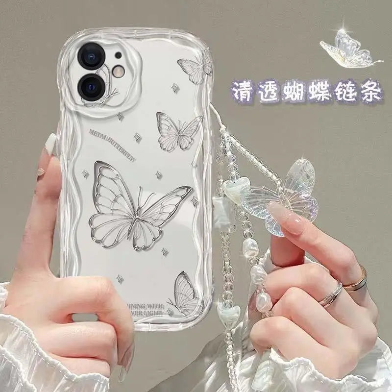 Korean Butterfly Lanyard Case For Huawei Honor 90 Lite 20 50 SE Nova 5T 11 7 9 10 P30 P40 Mate 30 40 Pro Hang Chain Clear Cover