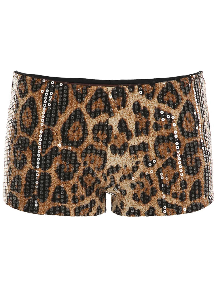 fashionLeopard Print Y2K Sequin Shorts Vintage Aesthetics Retro Low Waist Streetwear for Women Casual Fashion Chic Cloth