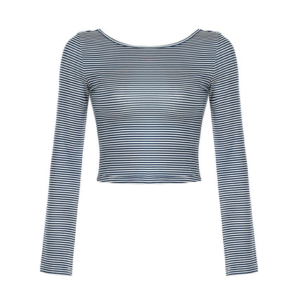 fashionStriped Print Crewneck Tops Backless Long Sleeves Vintage Harajuku Slim Shirts Streetwear Fashion Cute Korean Tees