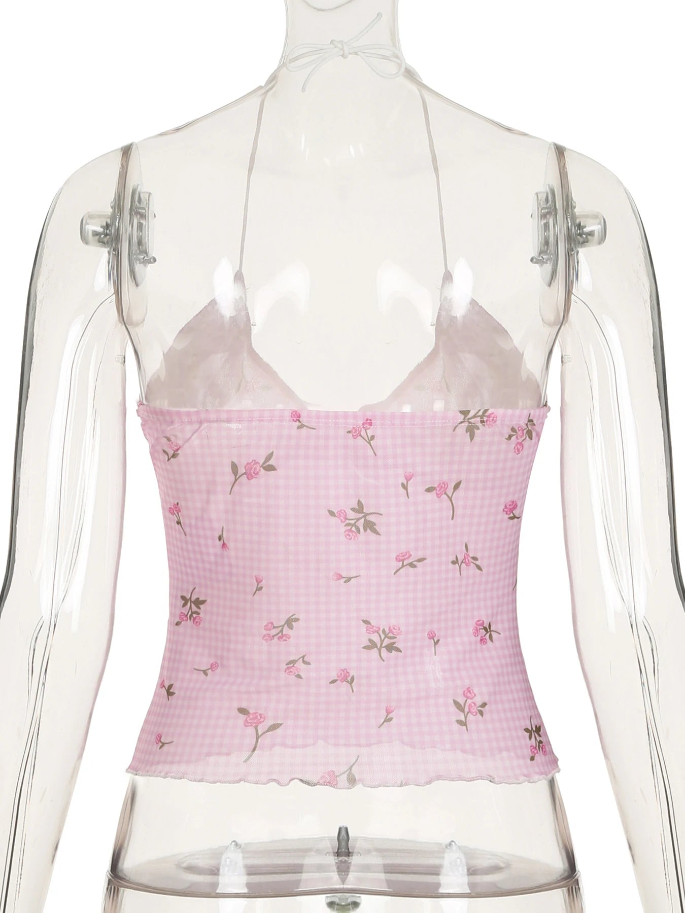 fashionSexy Plaid Floral Print Halter Neck Backless Sleeveless Bow Hottie Slim Sweet Camisole Streetwear Y2k Crop Top