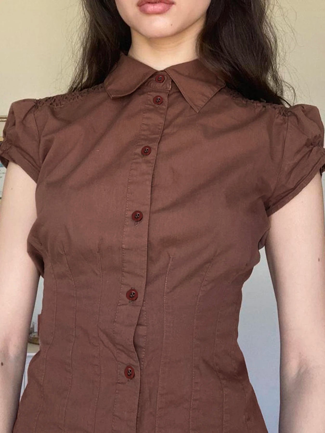 fashion Button Fold Solid Shirring T-shirt Casual Streetwear Vintage Chic Short Sleeved Summer Tees Brown 90s Slim Blouses