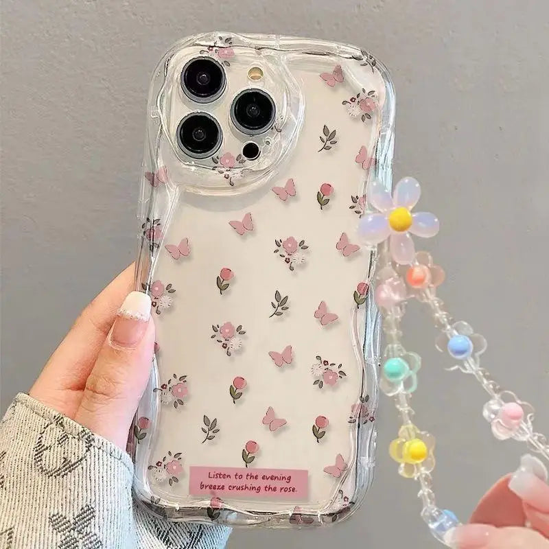 3D Flower Chain Lanyard Phone Case For Redmi Note 13 Pro Plus 5G 13C 4G Soft Wavy Edge Oil Painting Flowers Protective Cover