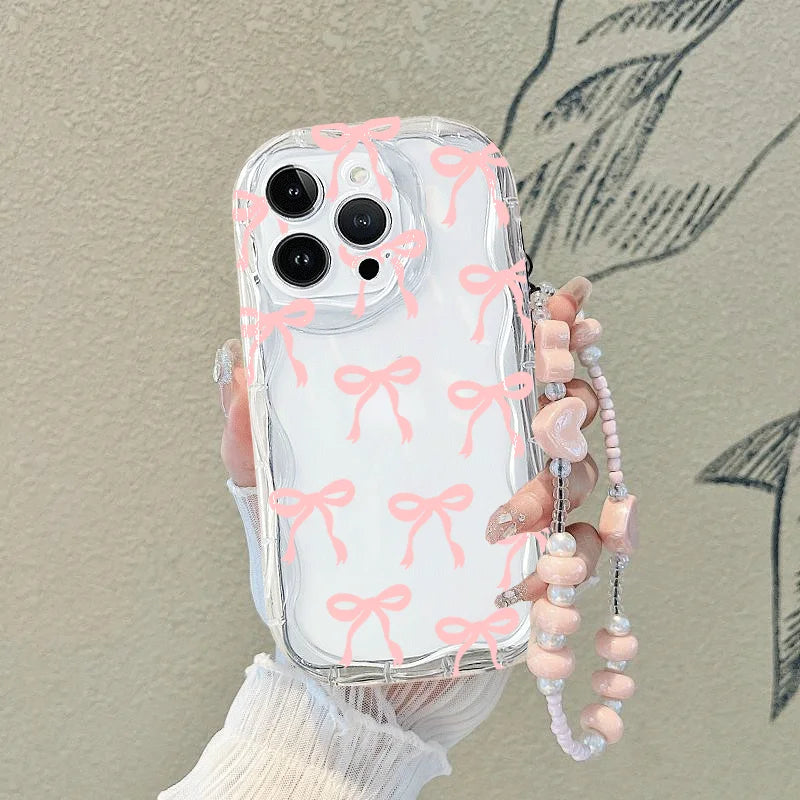 Cute Bow Chain Hanging Rope Case For Xiaomi Redmi Note 14 12 13 Pro Plus 12S 11 10S 11S 10 Redmi A5 13C 14C 12C A3 Wavy Fundas