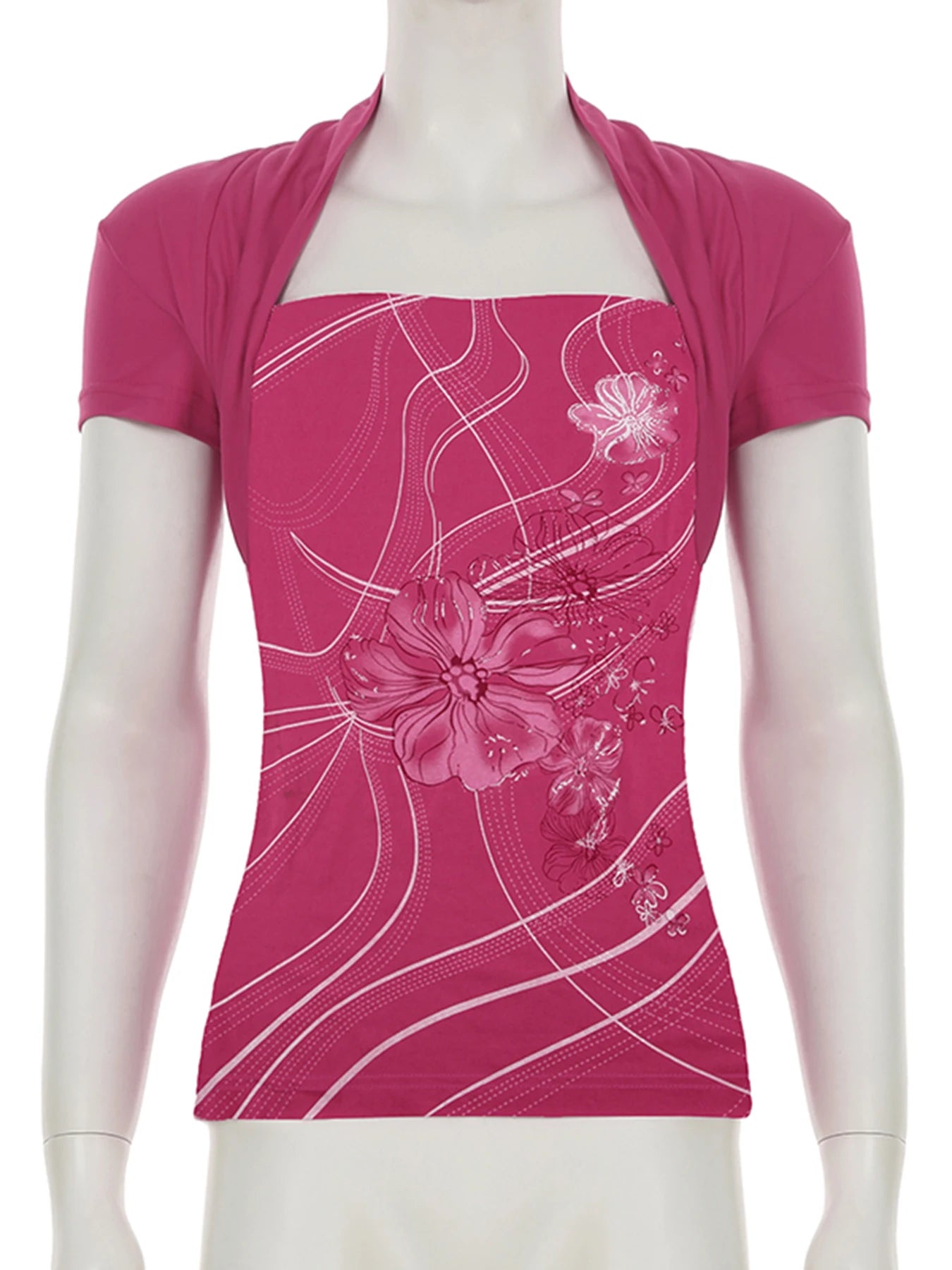 fashion Floral Print Fold Short Sleeved Tops Vintage Retro Bodycon Elastic Streetwear 90s Shirts Casual All-match Tees