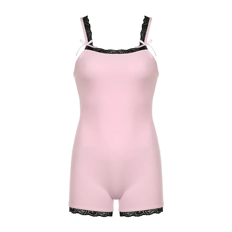 fashion Lace Patchwork 90s Rompers for Women Sexy Slim Bodycon Jumpsuits Cute Korean Clubwear Women's Outfits Overalls